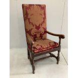 An 18th century style upholstered oak armchair, width 68cm, depth 51cm, height 125cm
