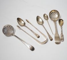 An 18th century silver mote spoon, marks rubbed, 11.8cm and five other various silver spoons and a