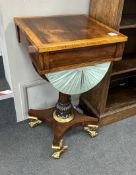A George IV square rosewood and satinwood banded sewing table, 46cm, height 81cm
