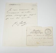 Charles de Gaulle, a hand written note on headed paper, together with the original envelope