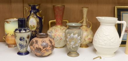C.H Bailey - a Fulham vase (a.f.), two Doulton Burslem gilded vases, three other Doulton vases and a