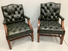 A pair of reproduction Gainsborough style buttoned green leather elbow chairs, width 63cm, depth