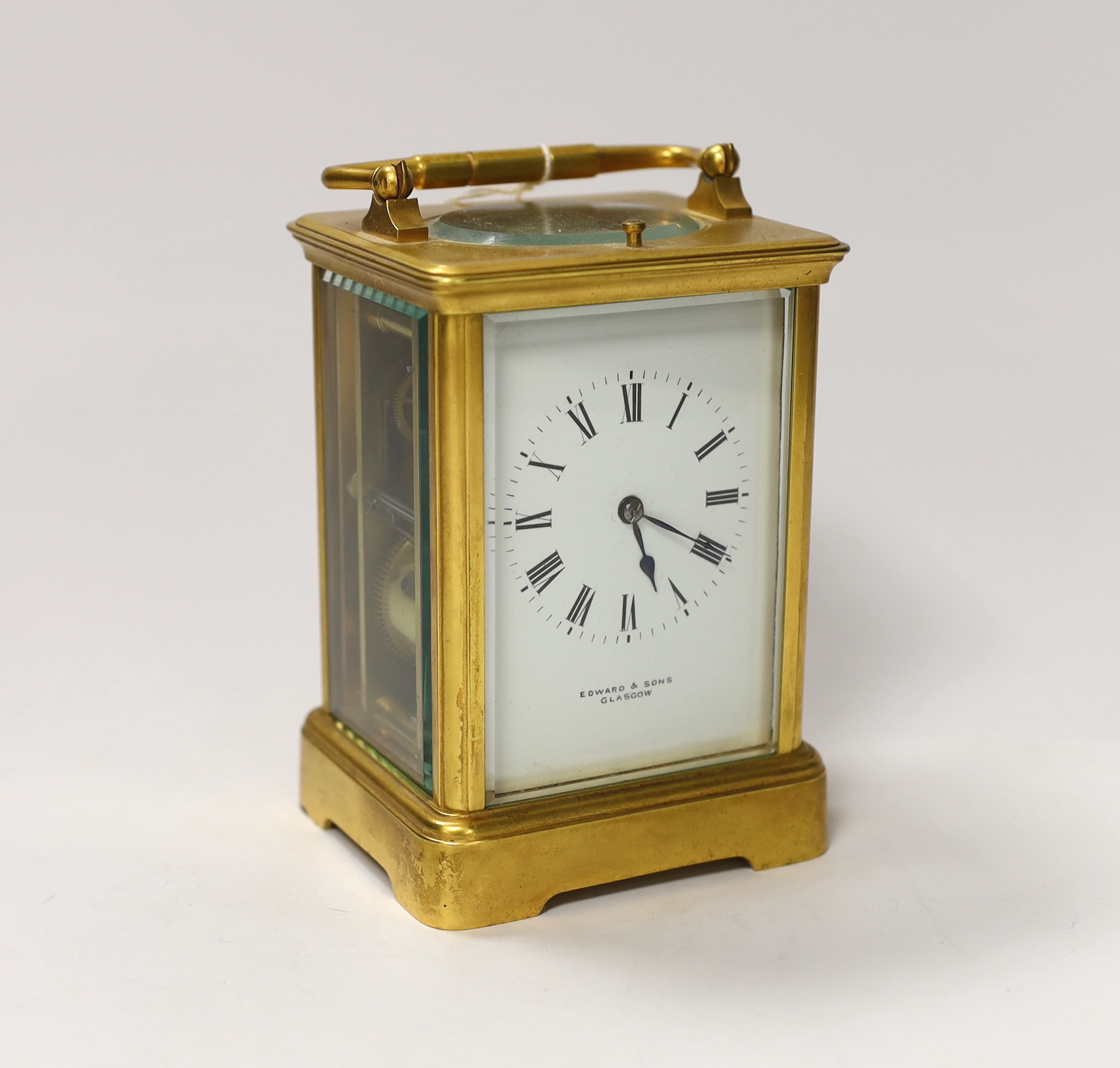 A gilt brass carriage clock with repeater, the dial inscribed Edward & Sons Glasgow, 18cm high - Image 6 of 9