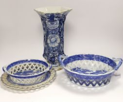 An 18th century hexagonal Delft vase, two pearlware blue and white baskets and a similar dish,