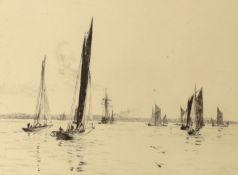 William Lionel Wyllie (1851-1931), etching, Sailing boats off the coast, signed in pencil, 14 x 17.