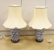 A pair of Chinese blue and white vases, converted to table lamps, overall 69cm high