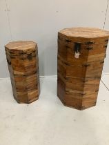 Two Indian metal mounted octagonal hardwood boxes, larger width 45cm, height 77cm