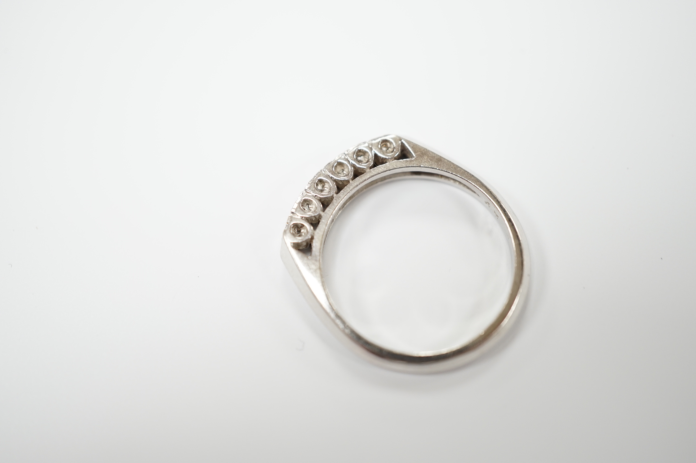 A 14k white metal and six stone diamond chip set half hoop ring, size L, gross weight 2.6 grams. - Image 3 of 3