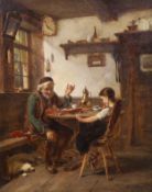 19th century Continental School, oil on board, Figures in a cottage interior, indistinctly signed