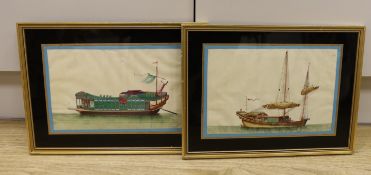 19th century Chinese school, pair of pith paper paintings, Junks, each 17.5 x 27cm