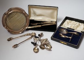 A cased silver christening spoon & pusher, a Georgian silver christening knife and fork, six