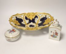 A Meissen gilt and blue glazed dish together with a similar floral caddy and box and cover, dish