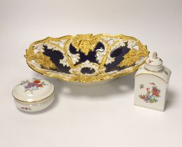 A Meissen gilt and blue glazed dish together with a similar floral caddy and box and cover, dish