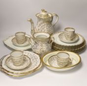A mid-19th century English bone china part tea service, possibly Davenport, with applied gilt