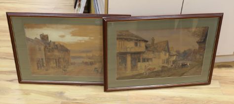 19th century English School, pair of watercolours, Coastal street scene with figures and village