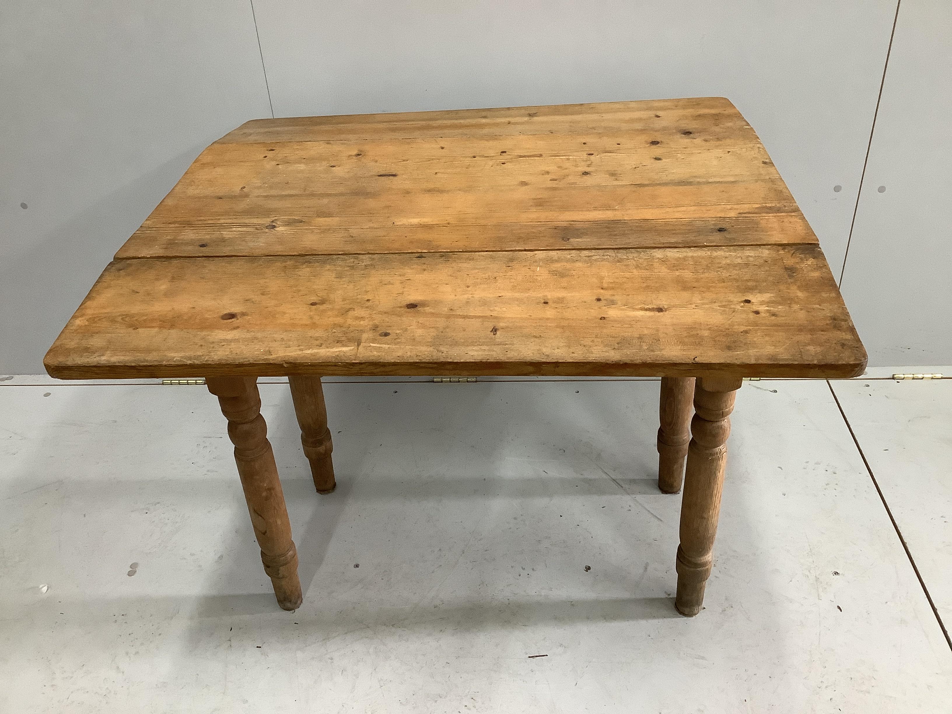 A Victorian pine drop flap table, width 89cm, depth 42cm, height 74cm (missing drawer) - Image 3 of 3
