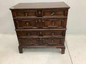 An early 18th century and later oak two part chest, width 96cm, depth 53cm, height 97cm