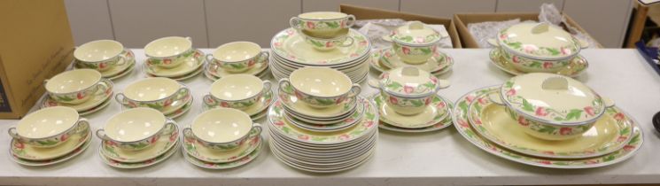 A Wedgwood floral pattern dinner service, c.1934 including twin handled cups, dinner plates and