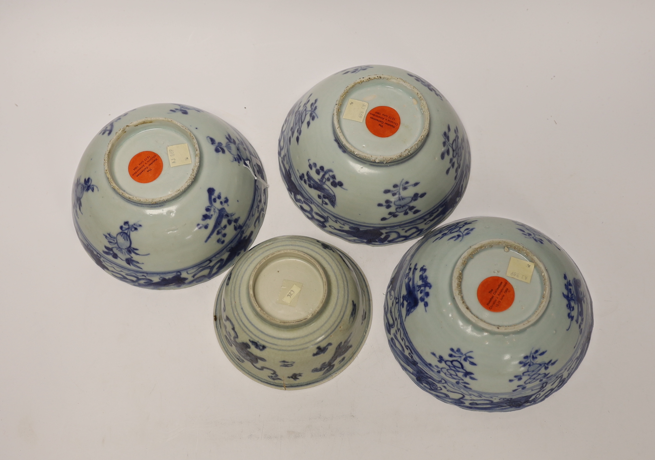 Four 16th/17th century Chinese Ming blue and white bowls, the three larger bowls from the Hatcher - Image 3 of 3