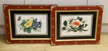 19th century Chinese school, pair of pith paper paintings, Still lifes of flowers, each 16.5 x 23cm,