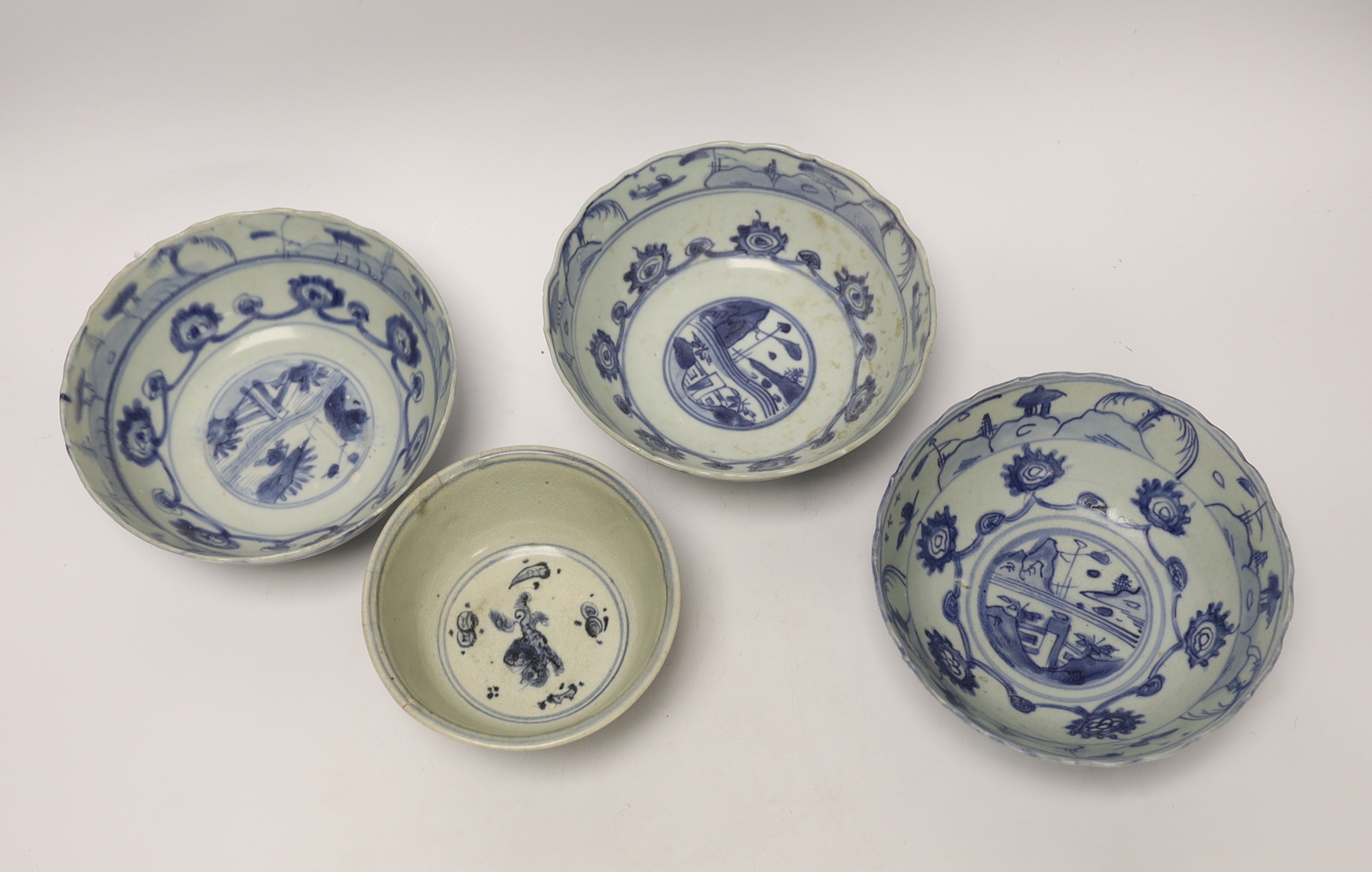 Four 16th/17th century Chinese Ming blue and white bowls, the three larger bowls from the Hatcher - Image 2 of 3