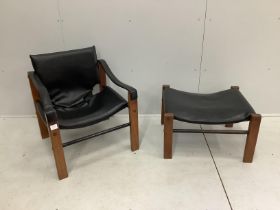 Maurice Burke for Arkana, a black leather and teak safari armchair, width 62cm, depth 60cm, height
