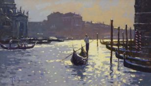 Peter Van Breda (b. 1957), impressionist oil on canvas, Gondolas, Evening Light, Venice, signed,