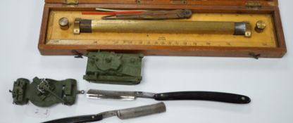 Sundry items including Starrett depth micrometer, two cut throat razors and two Dinky military toys