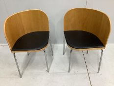A pair of mid century style oak and chrome tub framed chairs, width 42cm, depth 42cm, height 76cm