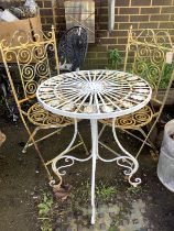 A circular metal garden table, diameter 58cm, height 76cm and two folding chairs