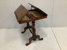 A reproduction Victorian style mahogany reading table with twin hinged flap top, width 70cm, depth