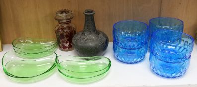 Assorted glassware including an 18th century Dutch onion shaped wine bottle, a set of six blue glass