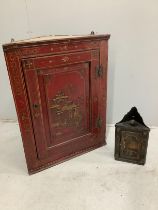 A 19th century chinoiserie lacquer hanging corner cabinet, width 69cm, depth 30cm, height 92cm