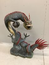 A Chinese style painted bronze dragon and pearl garden fountain, height 118cm