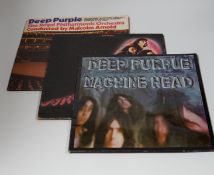 Three Deep Purple LP record albums; Machine Head (TPSA7504) with laminated cover and fold out