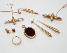 A group of Victorian and later jewellery including a yellow metal overlaid, carnelian and bloodstone