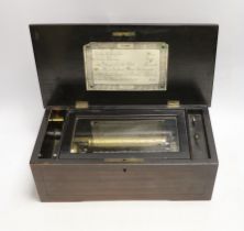 An inlaid rosewood cased musical box, single cylinder with a 56 note comb (one tooth broken and