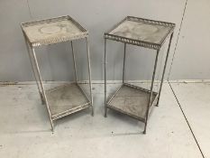 A pair of painted metal square two tier occasional tables, 33cm, height 71cm