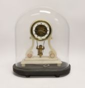 An alabaster French mantel timepiece with ‘swinging cherub’ pendulum and key, under a dome, 33cm