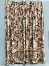 A pair of printed curtains, width at top 140cm, drop 230cm, width at bottom 160cm (all