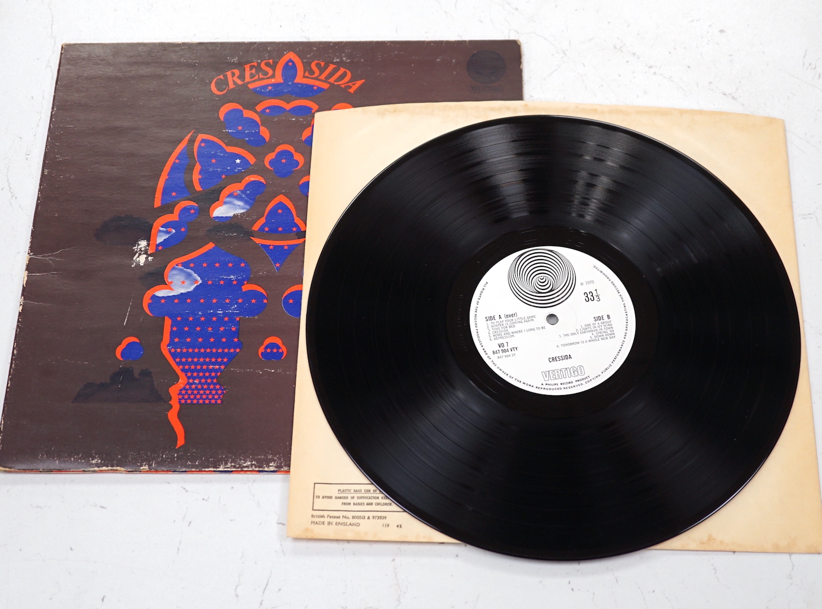Cressida LP record album, Cressida, on Vertigo large swirl label, VO 7, in gatefold sleeve with