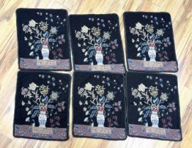 Six 20th century chinoiserie patterned woolwork cushion covers, 41cm wide x 52cm high including