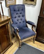 A William IV Patent mahogany adjustable armchair, stamped G. Minter, width 66cm, depth 66cm,