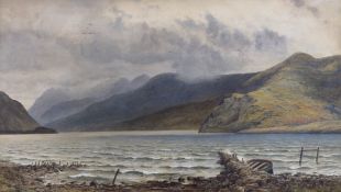 Herbert Moxon Cook (1844-1928), watercolour, Mountainous lakeside landscape, signed, inscribed in