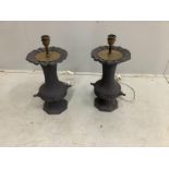 A pair of painted cast iron table lamps, adapted, height including fittings 50cm