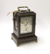 A French ebonised mantel timepiece with silvered dial with balance escapement, 28cm high
