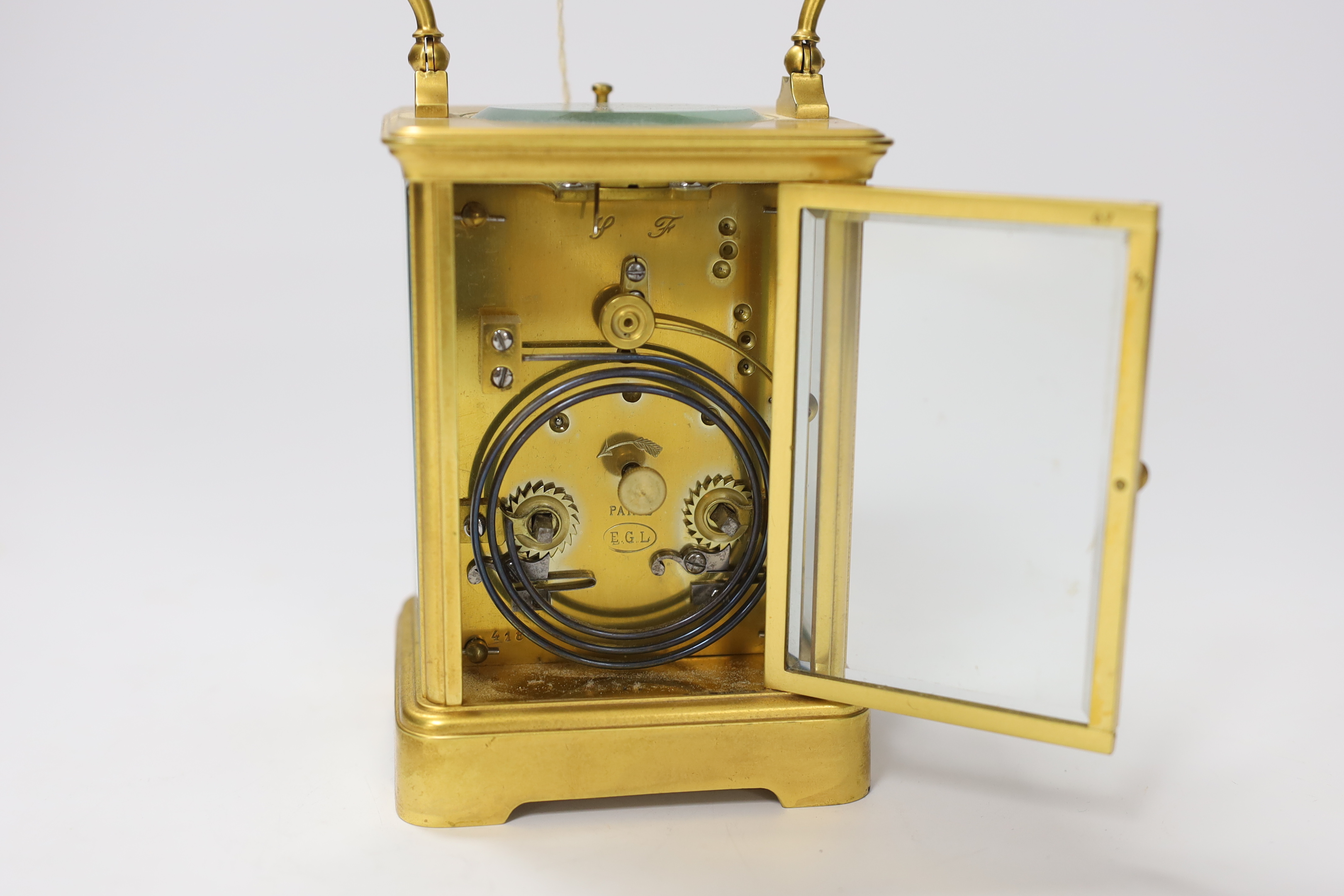A gilt brass carriage clock with repeater, the dial inscribed Edward & Sons Glasgow, 18cm high - Image 9 of 9