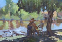 H.J. Tipton, gouache on board, Artist at work beside a river, signed, 37 x 54cm