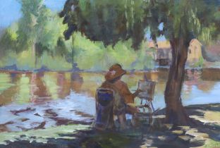 H.J. Tipton, gouache on board, Artist at work beside a river, signed, 37 x 54cm