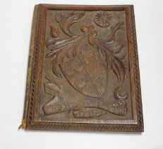 A late 19th century carved oak ink blotter with motto ‘Non Aliunde Pendere’ 38cm high